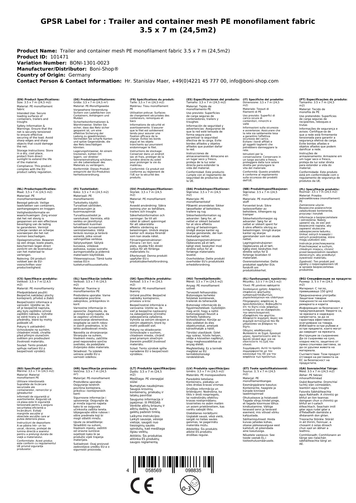 Anhänger- und Containernetz PE-Monofilgewebe 3,5 x 7 m (24,5m²)