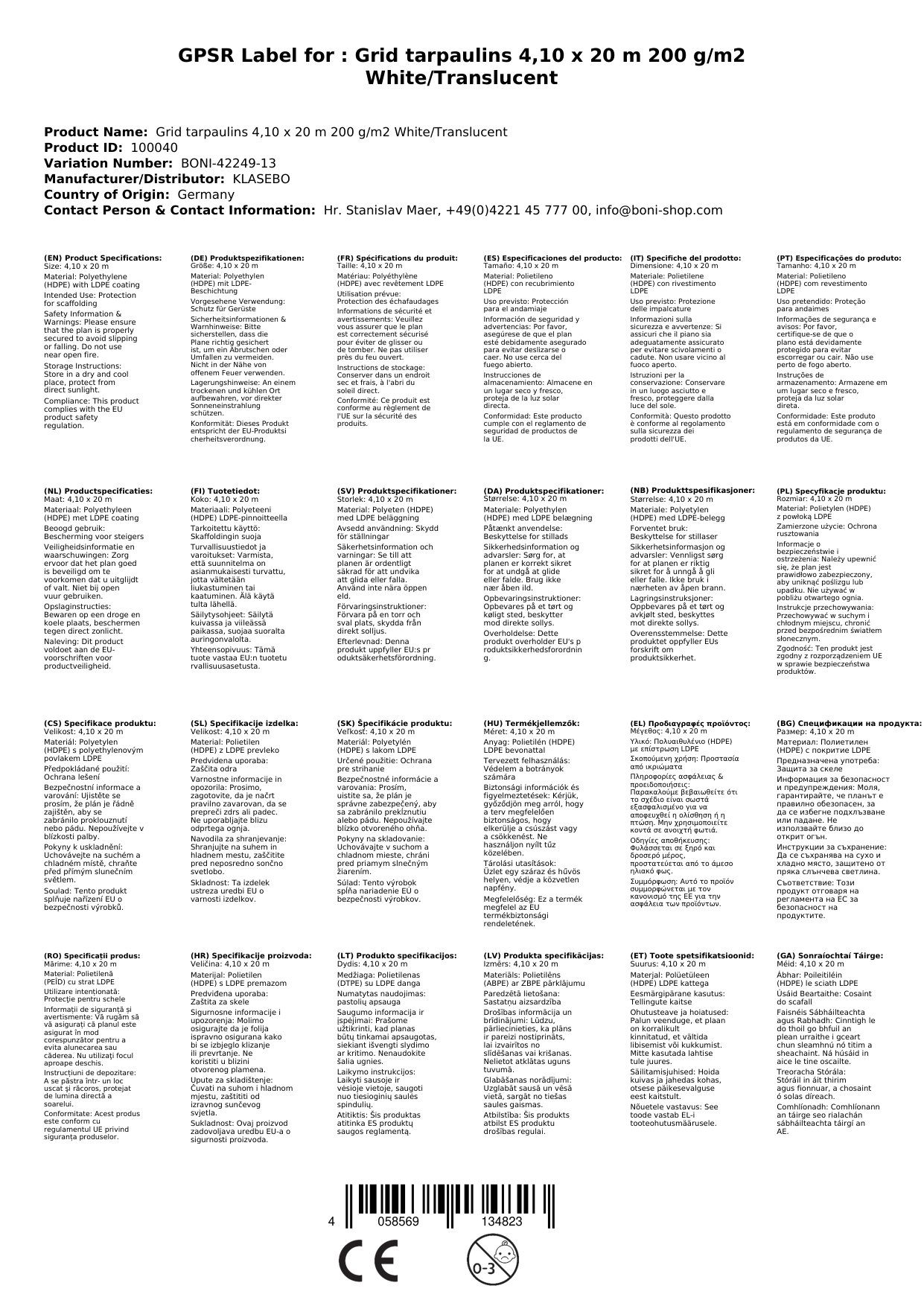 Gitterplane für Gerüste 4,10 x 20 m 200 g/m² Weiss/Transluzent