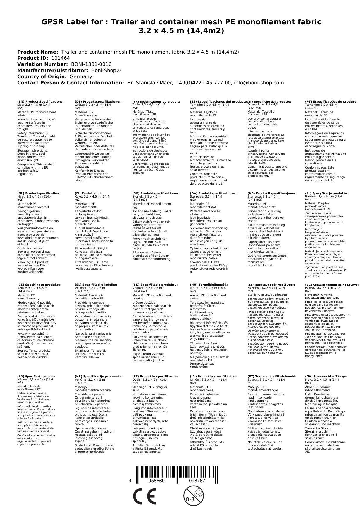 Anhänger- und Containernetz PE-Monofilgewebe 3,2 x 4,5 m (14,4m²)