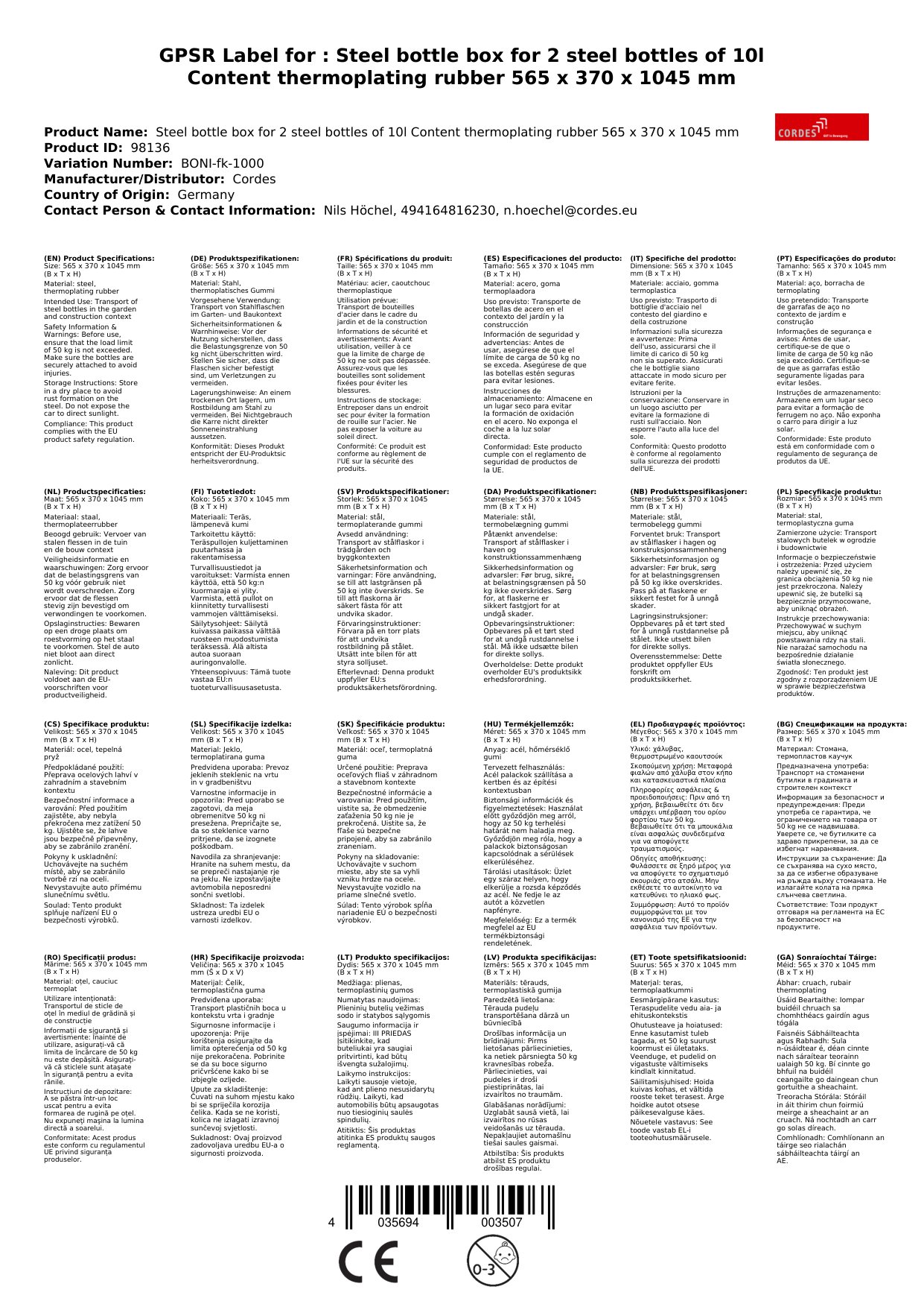 Stahlflaschenkarre für 2 Stahlflaschen à 10l Inhalt thermoplatisches Gummi 565 x 370 x 1045 mm