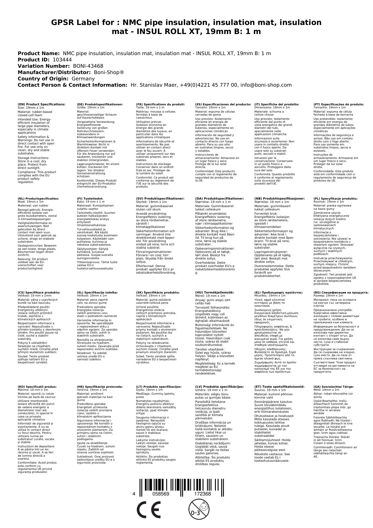 NMC Rohrisolierung, Isoliermatte, Dämmmatte - INSUL ROLL XT, 19mm B: 1 m