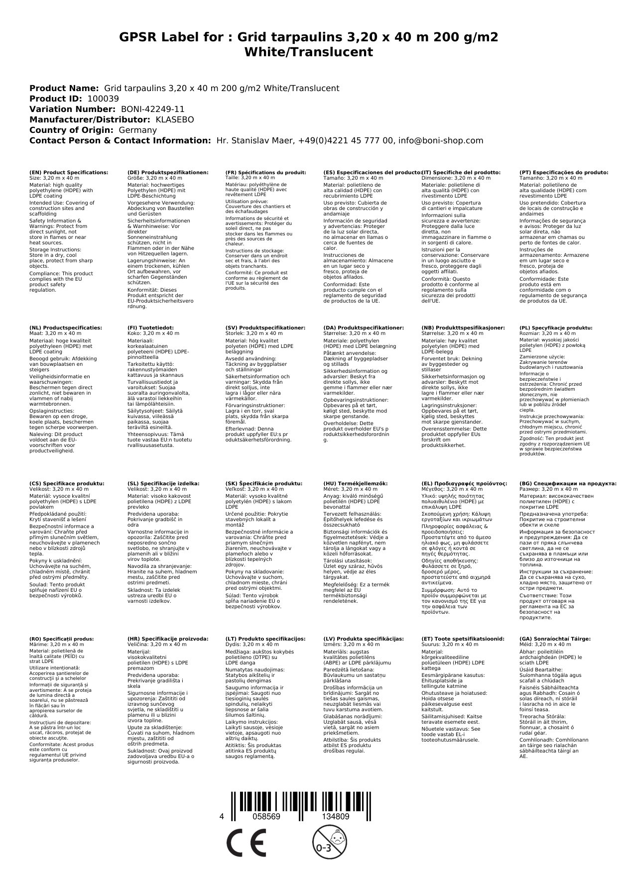 Gitterplane für Gerüste 3,20 x 40 m 200 g/m² Weiss/Transluzent