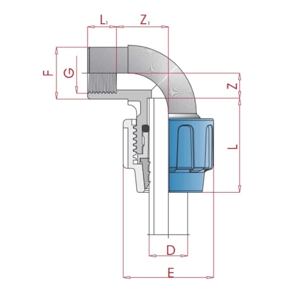 PP PE Rohr Verschraubung 90° Winkel 32 x 1/2" IG