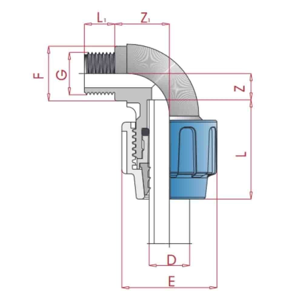 PP PE Rohr Verschraubung 90° Winkel 25 x 1/2" AG