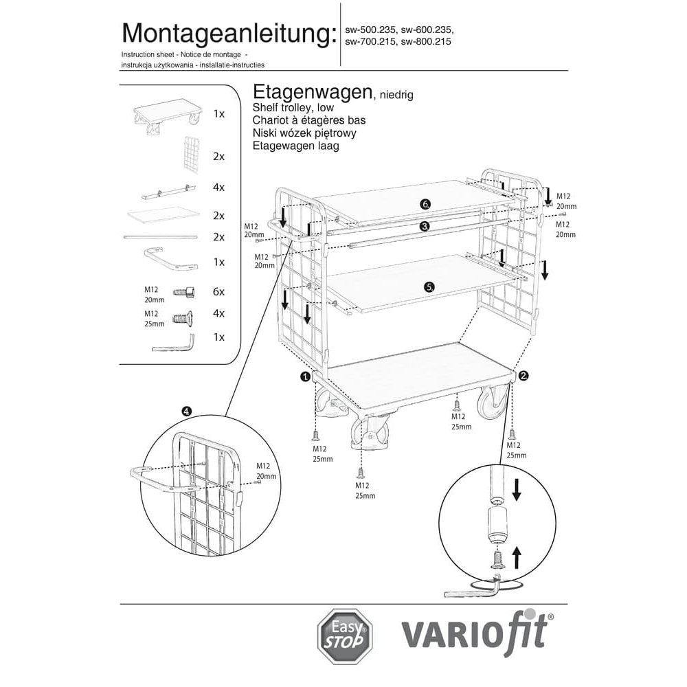 Paketwagen mit 2 Gitterwänden + 3 Böden 500 kg Traglast Typ XL + EasySTOP