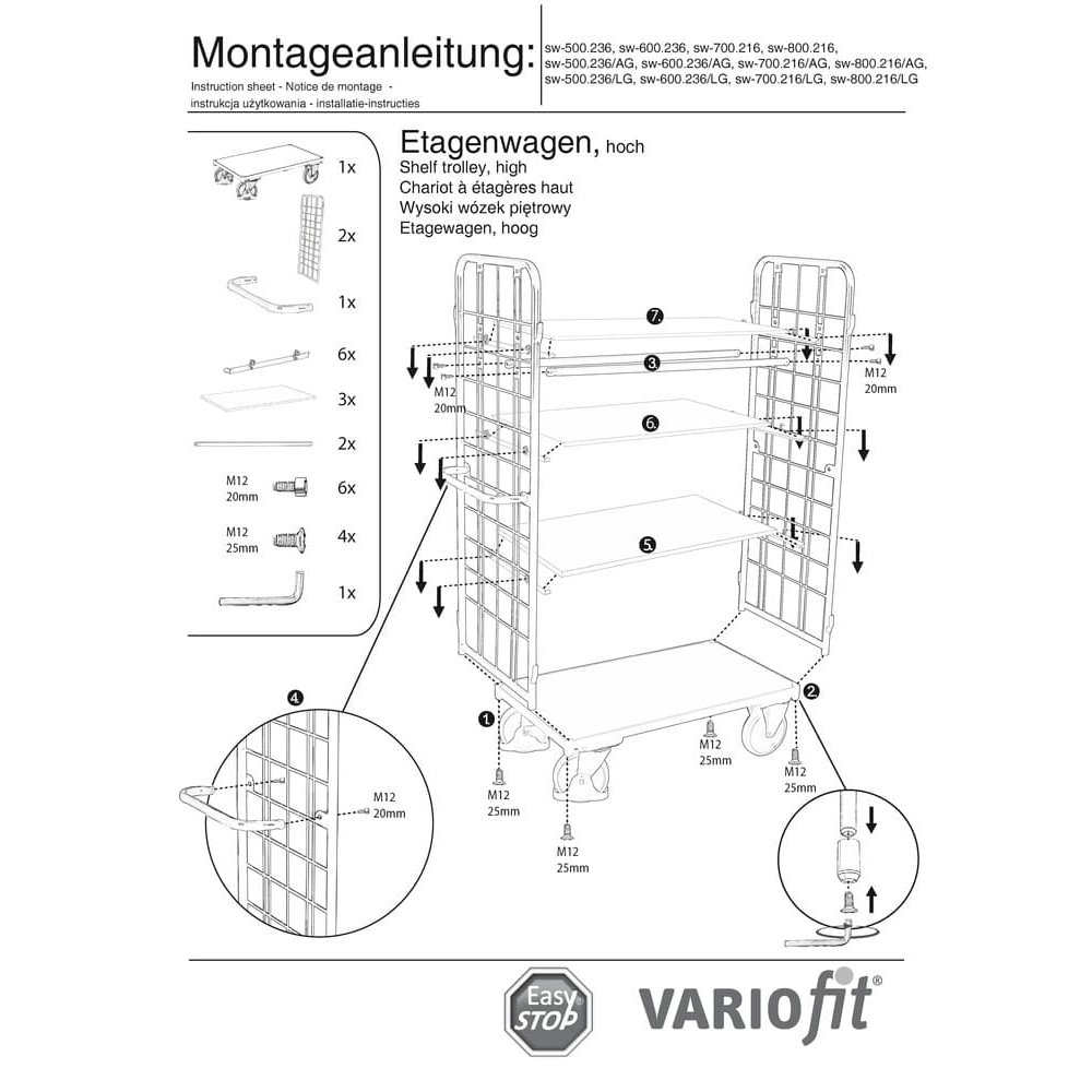 Paketwagen hoch mit 2 Gitterwänden + 4 Böden 500 kg Traglast Typ XL + EasySTOP