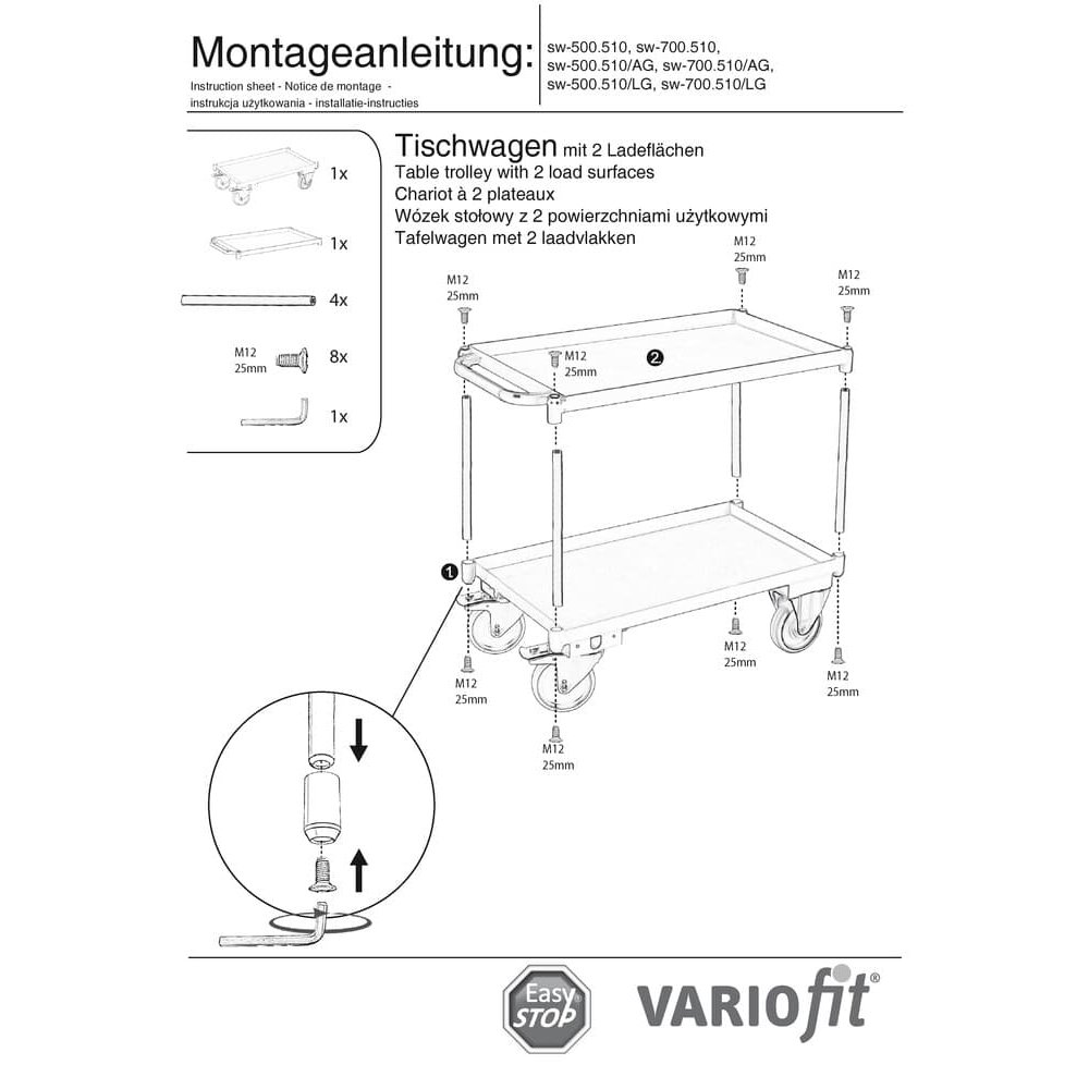 Großer Tischwagen mit 2 Etagen, Wannenrand 40 mm hoch + EasySTOP