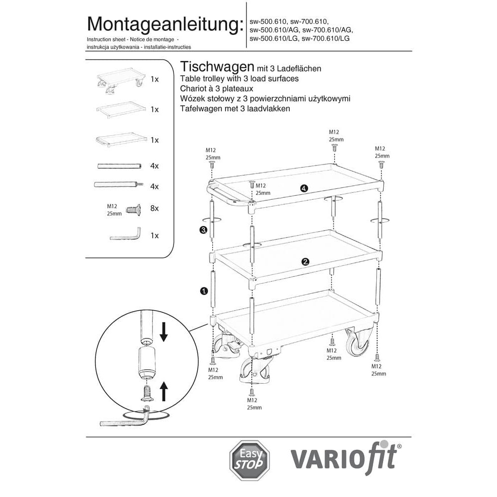 Tischwagen mit 3 Etagen, Wannenrand 40 mm hoch + EasySTOP