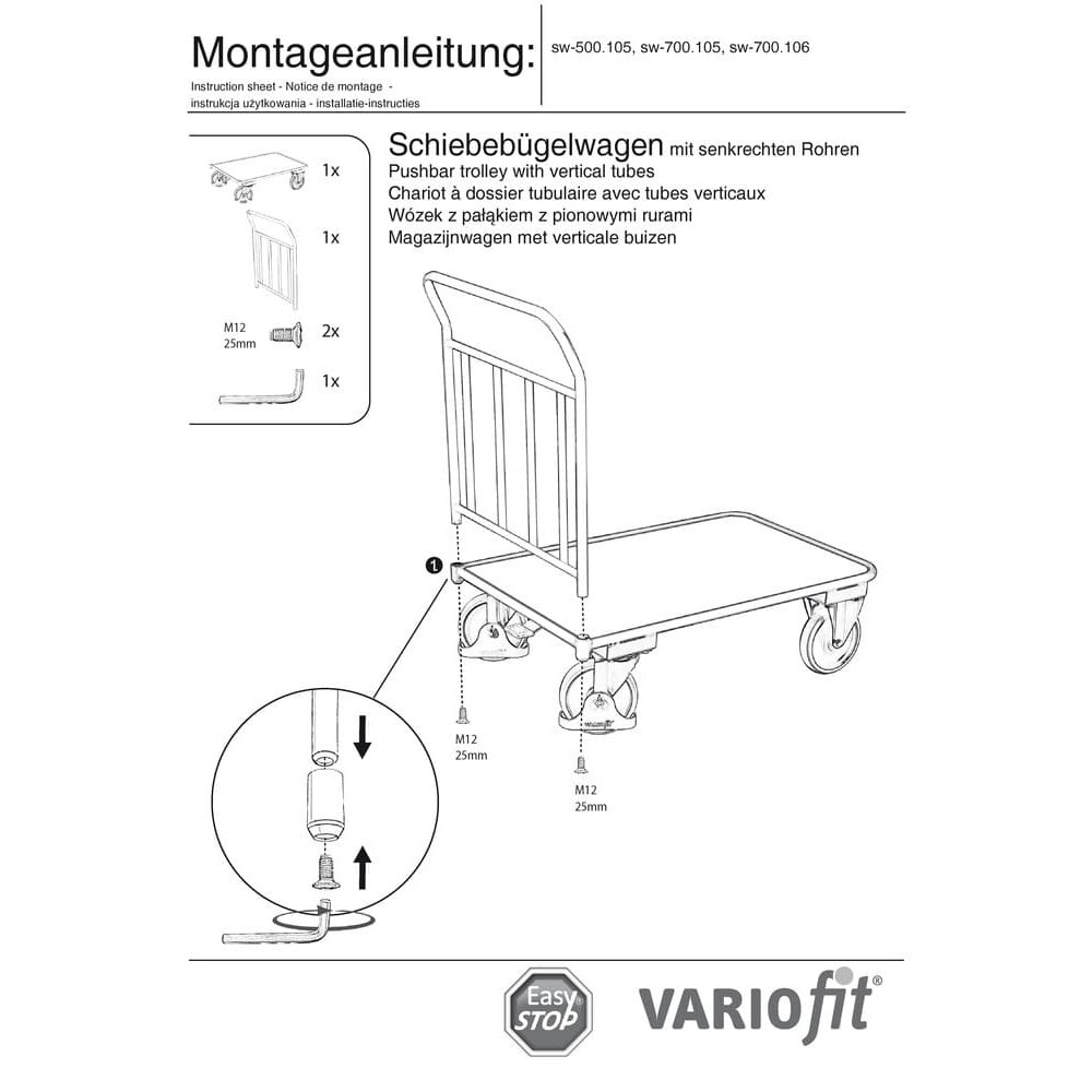 Schiebebügelwagen 400 kg 4 senkrechten Rohren Typ S + EasySTOP