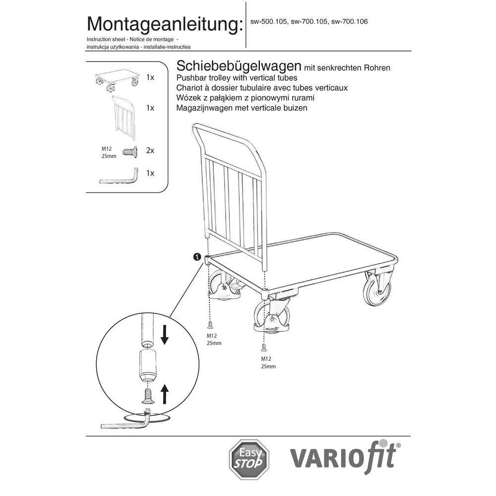 Schiebebügelwagen 400 kg 4 senkrechten Rohren Typ L + EasySTOP