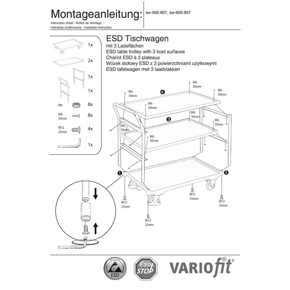 ESD Tischwagen mit 3 Ladeflächen Typ L + EasySTOP