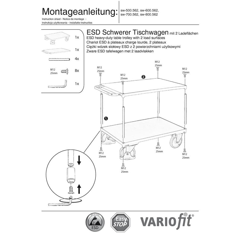 Schwerer ESD Tischwagen mit 2 Ladeflächen Typ S + EasySTOP