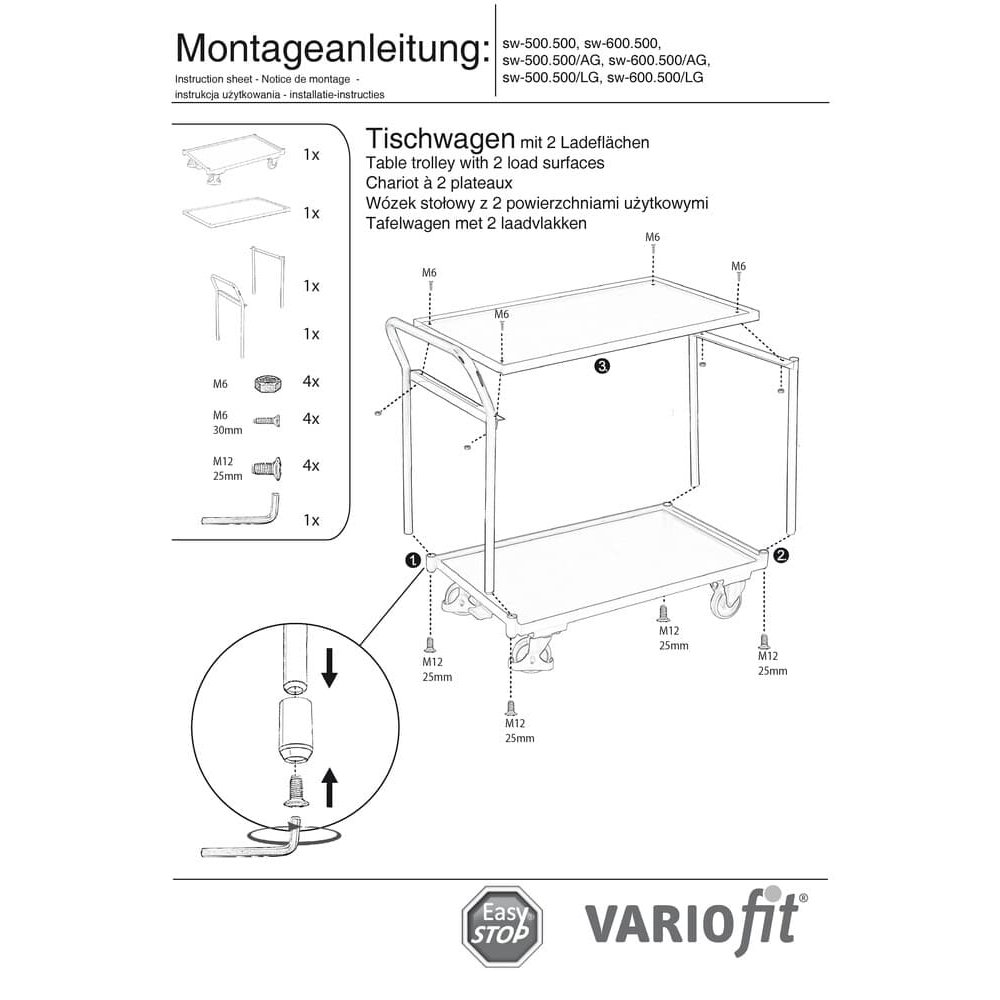 Tischwagen 250 kg mit 2 Ladeflächen hoher Schiebebügel Typ L + EasySTOP