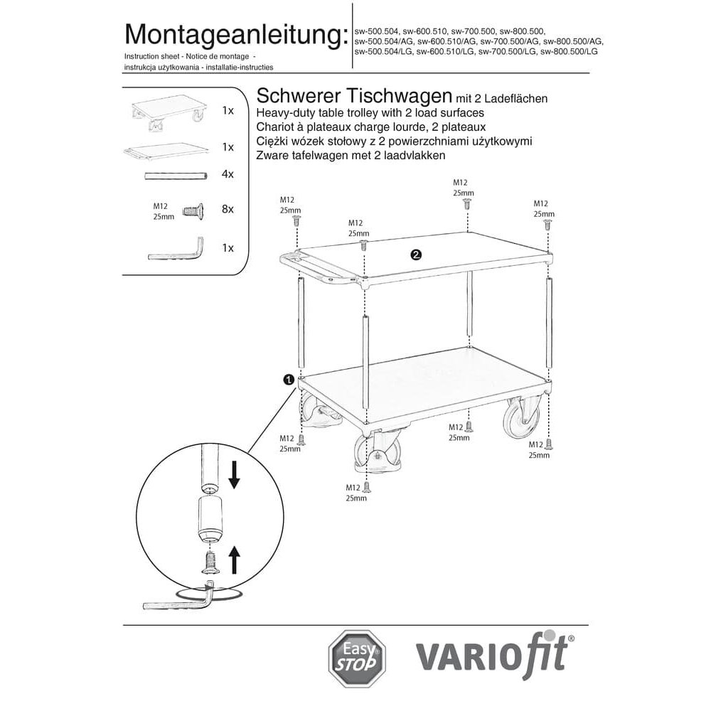 Schwerer Tischwagen 500 kg mit 2 Ladeflächen Typ M + EasySTOP