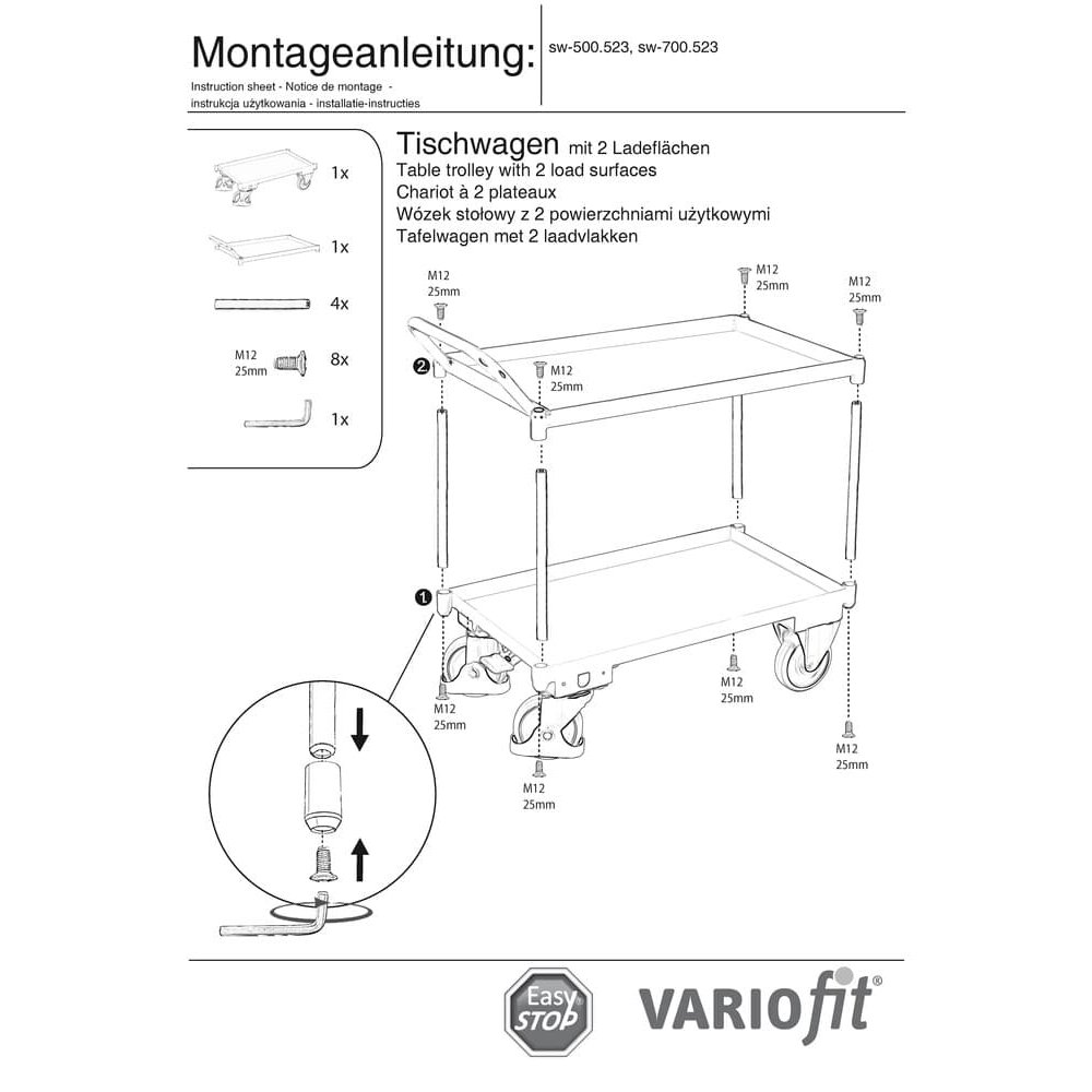 Großer Tischwagen mit 2 Etagen, Wannenrand 40 mm hoch, hoher Schiebebügel + EasySTOP