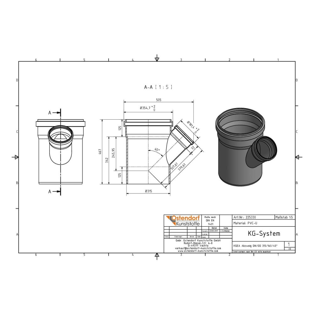 KGEA Abzweig DN/OD 315/160   45 Grad