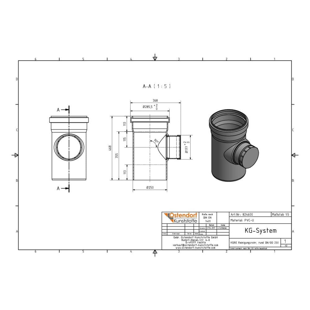 KGRE Reinigungsrohr DN/OD 250 mit runden Deckel