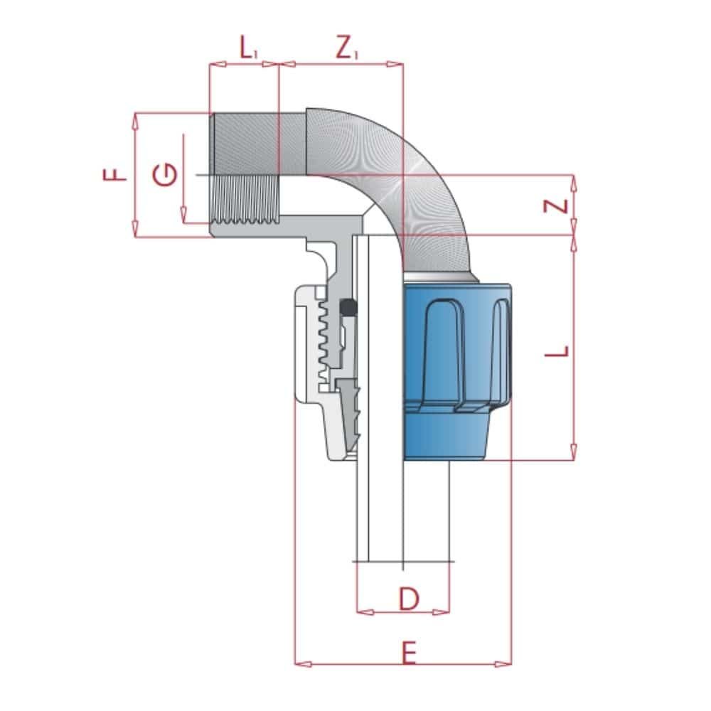 PP PE Rohr Verschraubung 90° Winkel 32 x 1" IG