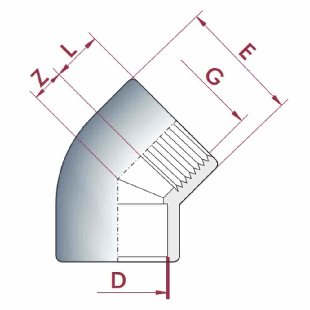 PVC - U 45° Winkel Muffe x IG 32 mm x 1" PN10