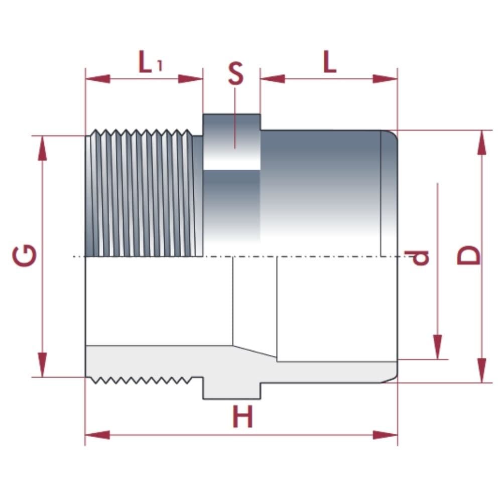 PVC - U Übergang Muffe x AG 25-20mm x 1/2" PN10