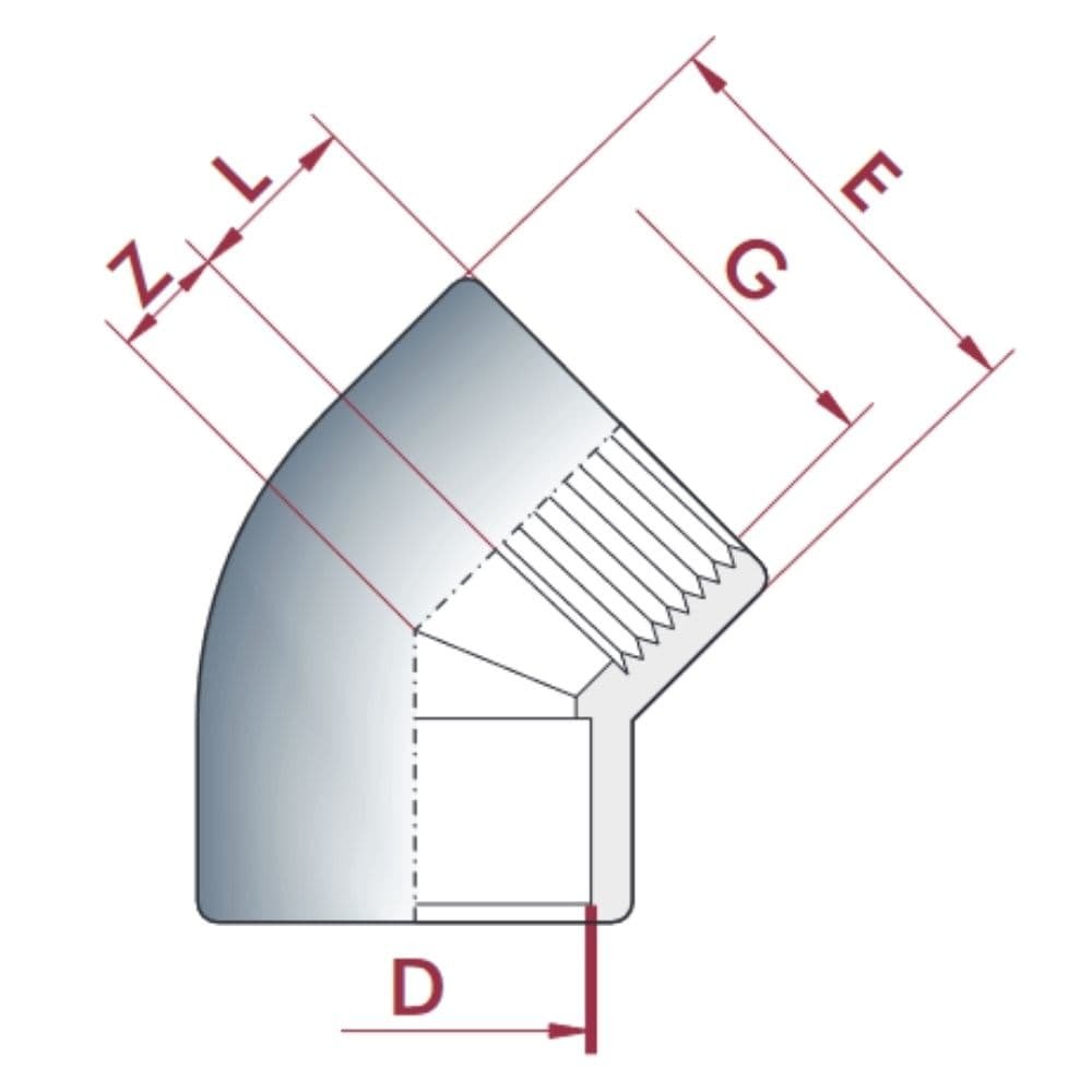 PVC-U 45°Winkel Muffe x IG 25 mm x 3/4" PN10