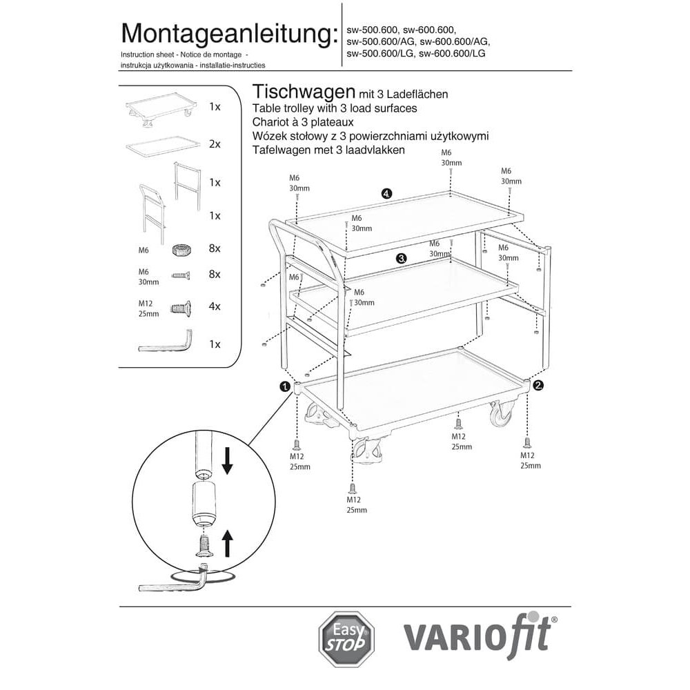 Tischwagen 250 kg mit 3 Ladeflächen hoher Schiebebügel Typ M + EasySTOP-0