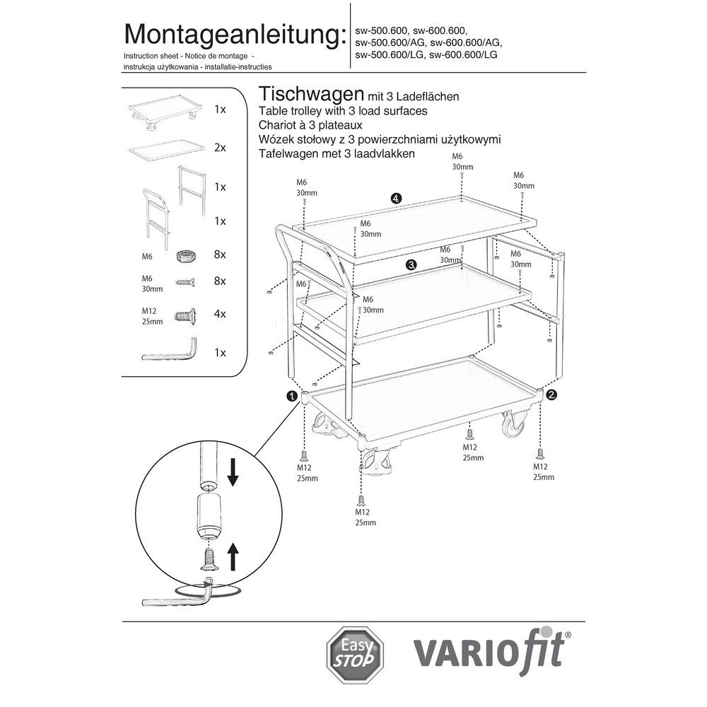 Tischwagen 250 kg mit 3 Ladeflächen hoher Schiebebügel Typ L + EasySTOP-0