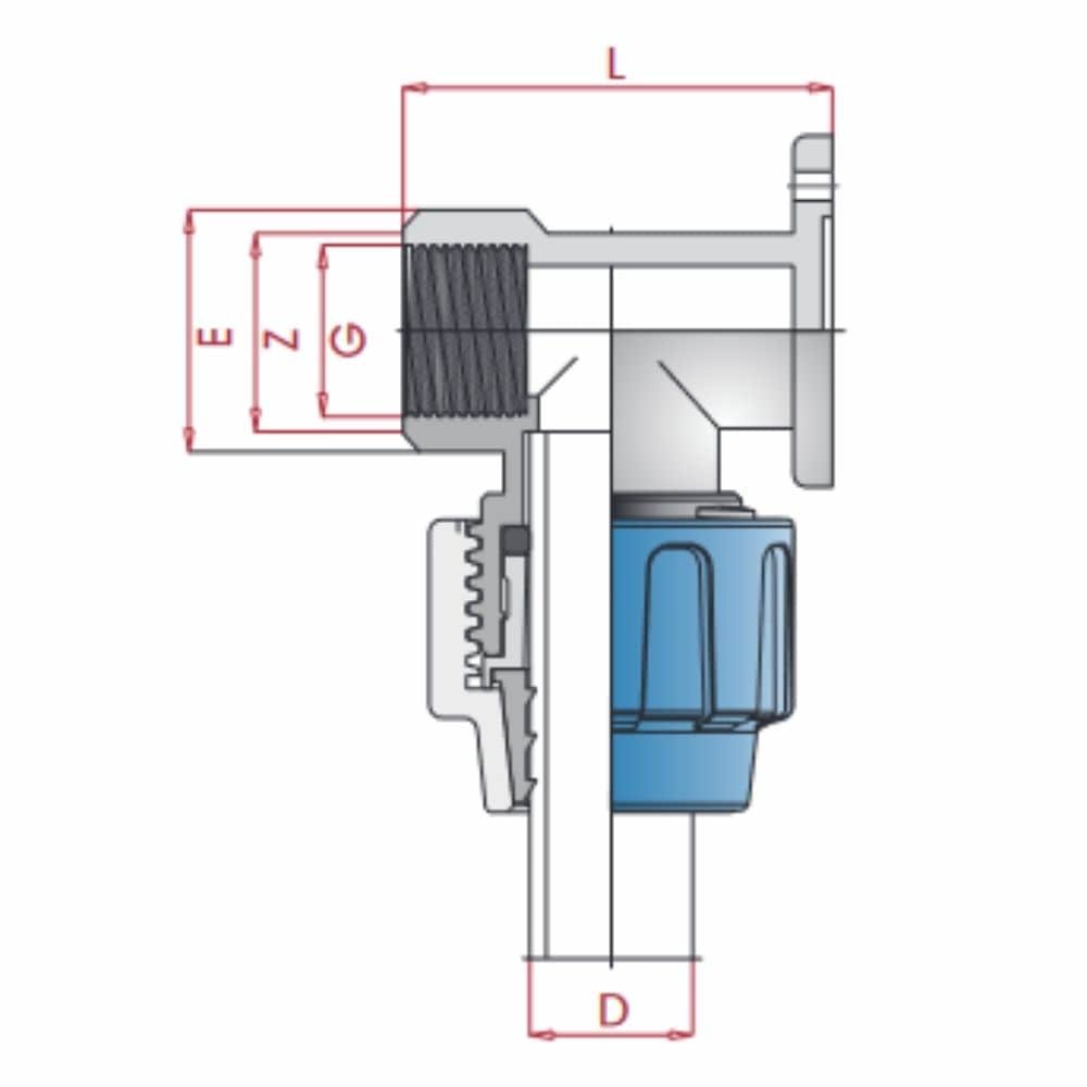 PP PE Rohr Verschraubung 90° Wandhalterung 25 x 3/4" IG-0